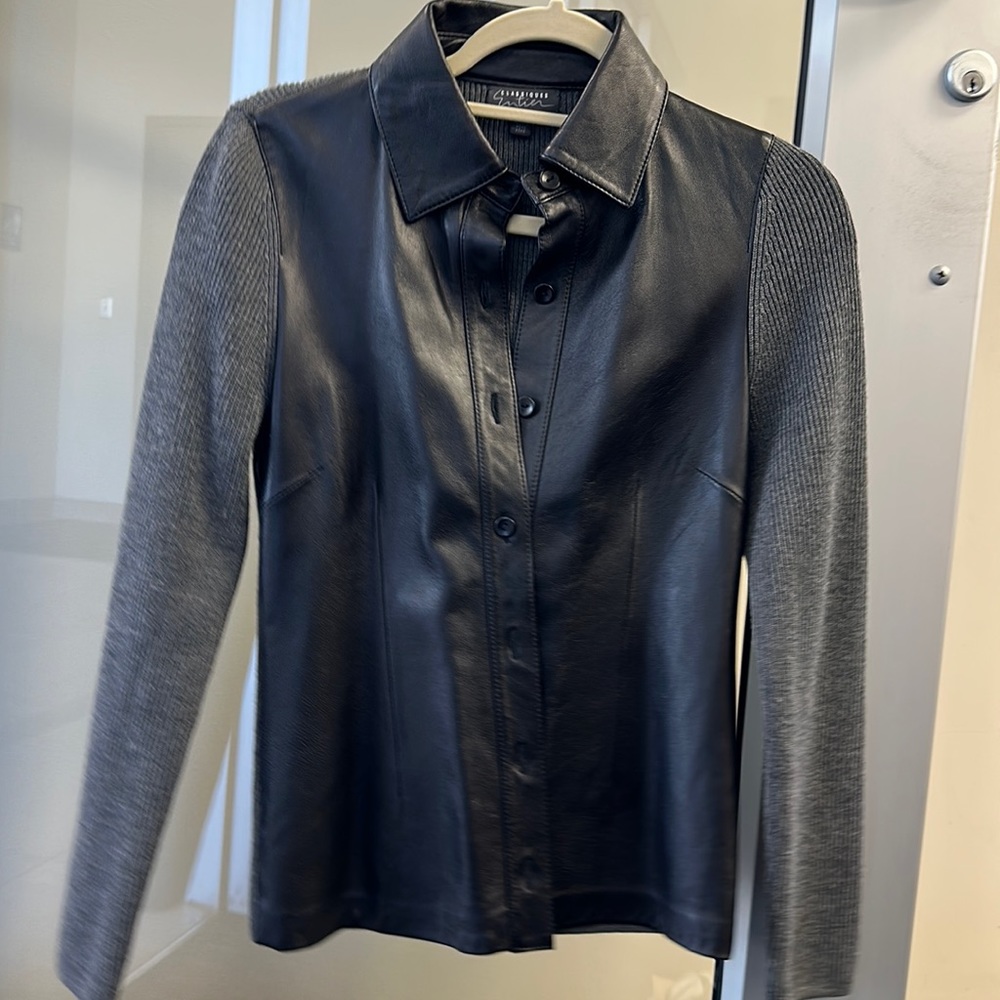 Black Leather Button Up Jacket With 100% Merino Wool Sleeves
